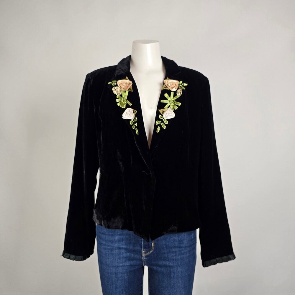 WDNY Black Velvet Blazer Silk Floral Embroidered Lapel Jacket Size 14